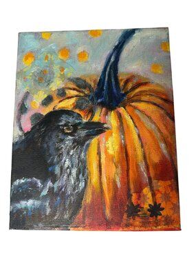 Crow Painting Original Art OOAK Pumpkin Fall 8x10 Gallery Wrapped Wall Decor